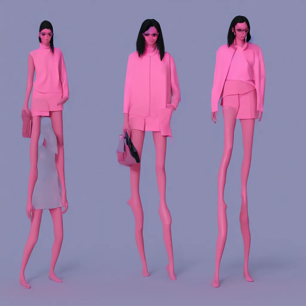 Image similar to moderately cool female person, photoshoot for a lookbook for Balenciaga, 3d render, pink lighting, matte vivid color