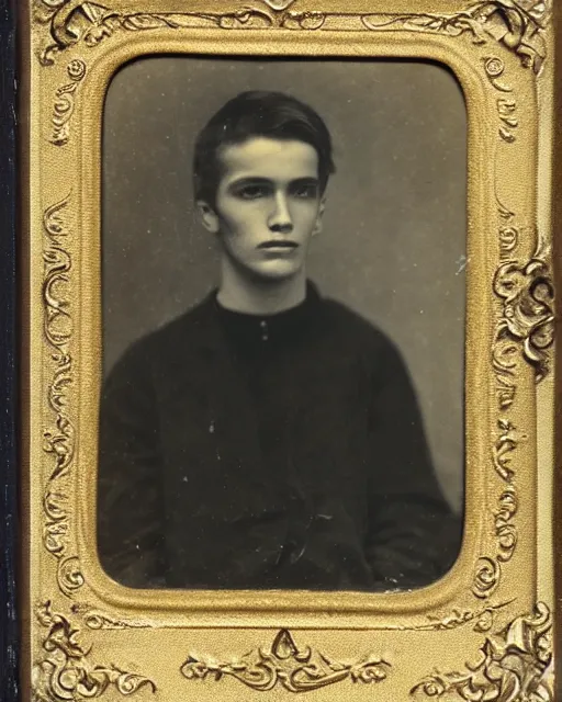 Image similar to tintype photo of alyosha karamazov, innocent handsome young russian man, by julia margaret cameron 1 8 8 0 s, realistic, portrait, sharp focus, 8 k high definition, insanely detailed, intricate, elegant