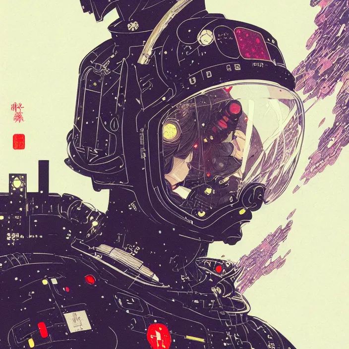 Image similar to a beautiful ukiyo painting of cyberpunk space pilot, wearing space techwear, detailed symmetrical close up portrait, intricate complexity, concept art, by takato yamamoto, wlop, artgem, krenz cushart. cinematic dramatic atmosphere, sharp focus, award winning