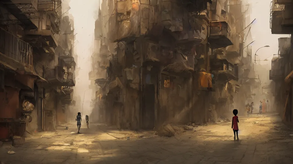 Image similar to alley in a big african city, a lonely kid, summer, david febland, artstation, matte painting