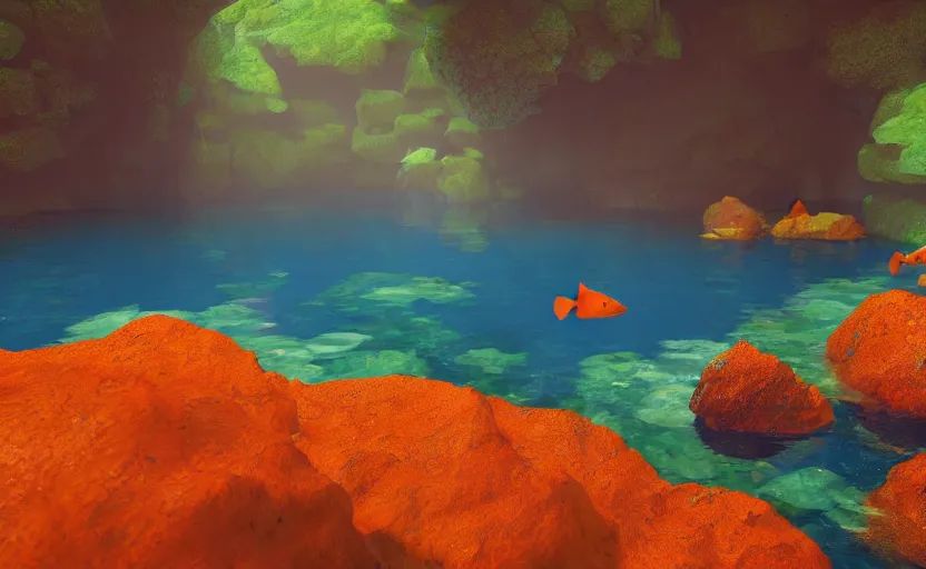 Image similar to a cave lake with some orange fish swimming inside, studio ghibli, pixar style, octane render, unreal engine 5, path traced, highly detailed, high quality, 8 k, soft lighting, godrays, complementary colors, natural lighting, water parallax, serene landscape, beautiful, elegant, digital painting