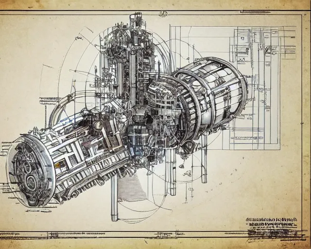 Image similar to a full page of a mechanical blueprint showing a cutaway design for a mechanized woman from howl's moving castle ( 2 0 0 4 ), with a big head, muted colors, post grunge, studio ghibli, hq,