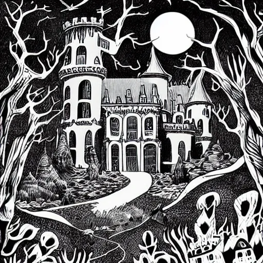 Prompt: mcbess illustration of a haunted castle in the woods, set an the end of a winding road