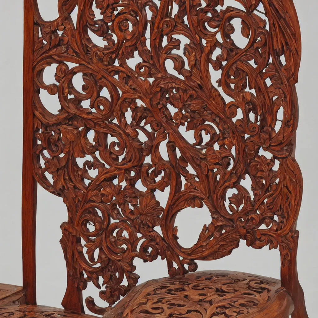 Prompt: a 3 d wooden mahogany art nouveau carved sculptural chair with a delicate multi - layer tracery pattern, intricate and highly detailed, well - lit, ornate, realistic, polished with visible wood grain