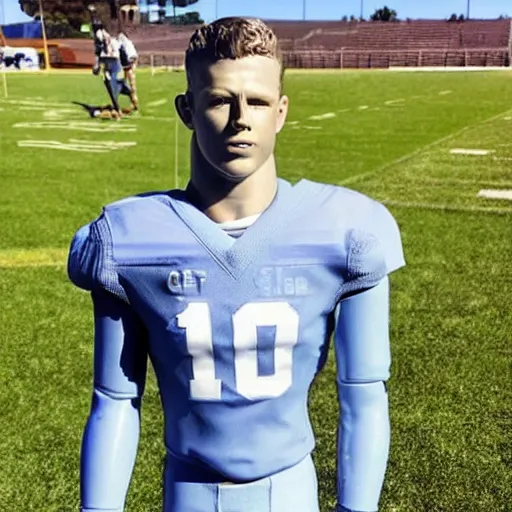 Image similar to “ a realistic detailed photo of a guy who is an attractive humanoid who is half robot and half humanoid, who is a male android, football player christian mccaffrey, shiny skin, posing like a statue, blank stare, on the field, on display ”