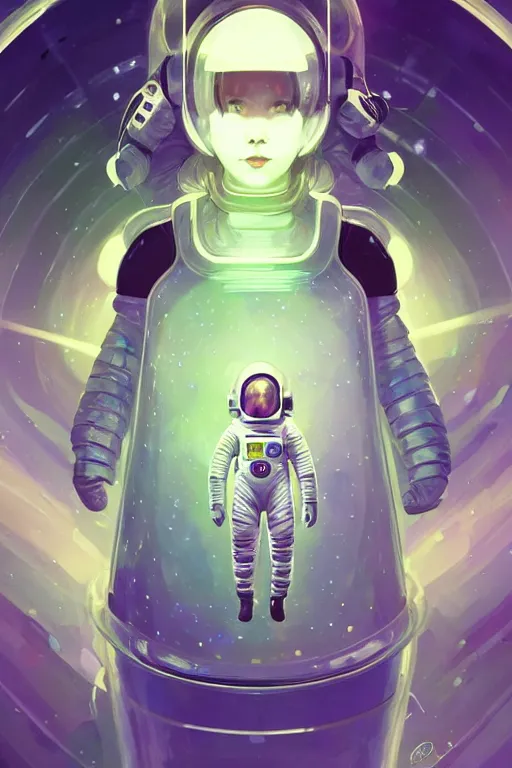 Image similar to portrait armored astronaut girl, floating inside spaceship command room viewing galaxy, ssci-fi mirror neon reflect light and fantasy, intricate and very very beautiful and elegant, highly detailed, digital painting, artstation, concept art, smooth and sharp focus, illustration, art by tian zi and WLOP and alphonse mucha