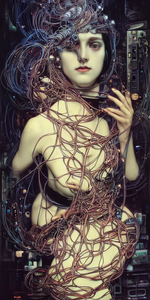 Image similar to dark cyberpunk woman amongst cables and computers by johnson tsang and alphonse mucha, portrait, fantasy, clear, soft, uhd, amazing depth, cinematic lighting