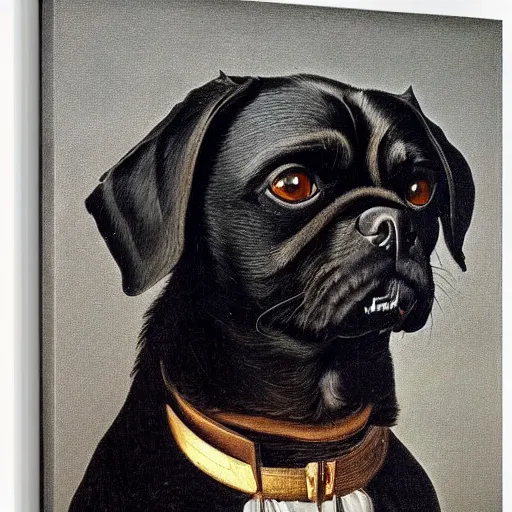 Prompt: portrait of black pugalier dog, by caravaggio, immense detail, intricate background