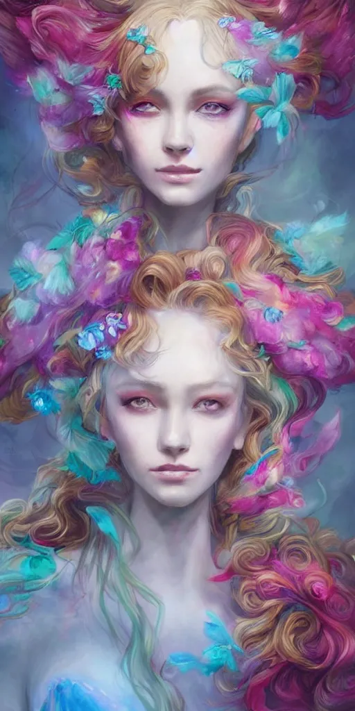 Image similar to a colorful and provenance portrait painting of the fantasy female with a floral wings, detailed, highly detailed, her hair made of hair made of air wind and curling smoke, mist, dust, genie, spirit fantasy concept art ， art by charlie bowater, trending on artstation.