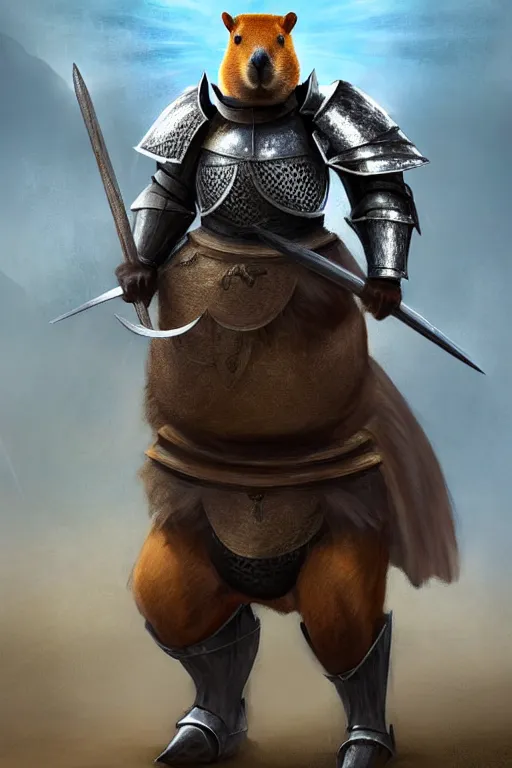 Image similar to a capybara in the style of an armored knight, as a matte oil painting and d & d art, fullbody, blue magic, arcane plasma, sharp focus, award - winning, extremely detailed, 4 k,