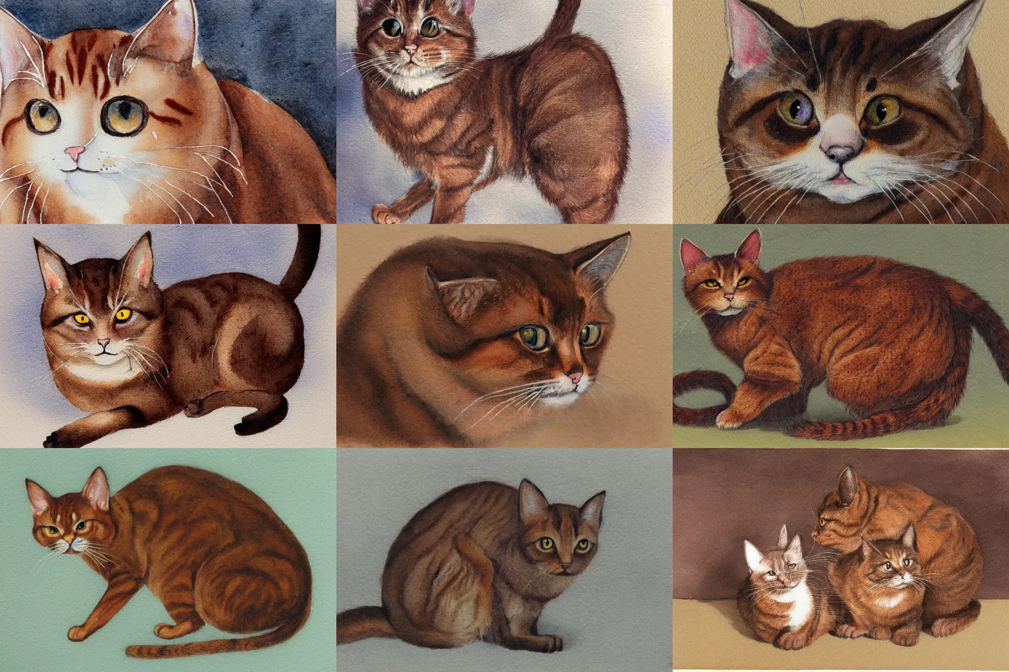 Prompt: matte watercolor painting brown brown cat cute. Cyril Roland naomi okubo.