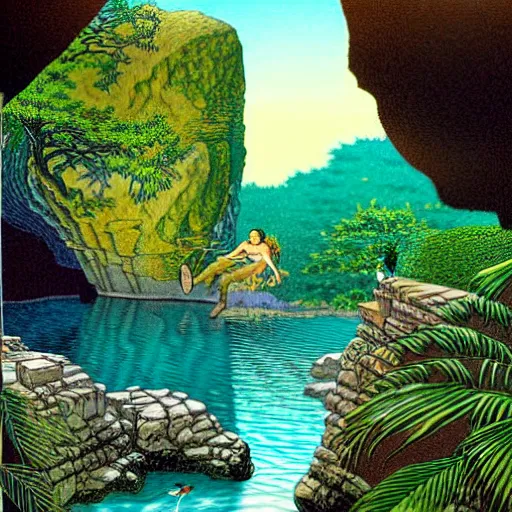 Prompt: Fantasy illustration by Clyde Caldwell You step to the edge of the rocky opening and peer over. You see a tranquil pool of water and a sandy beach 20 feet below. The opening’s bottom leads to a cave, its verdant flora a stark contrast to the rocky sides. You hear chirruping animals sounds emanating from the opening.