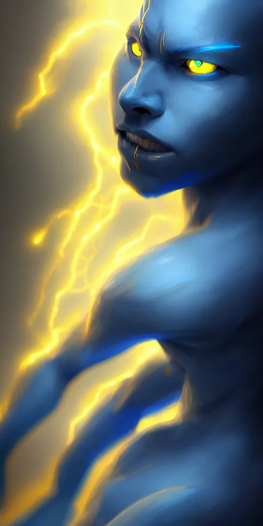 Prompt: wispy charming blue humanoid djinn with yellow eyes and lightning; detailed, best on artstation, cgsociety, wlop, cosmic, epic, stunning, gorgeous, masterpiece