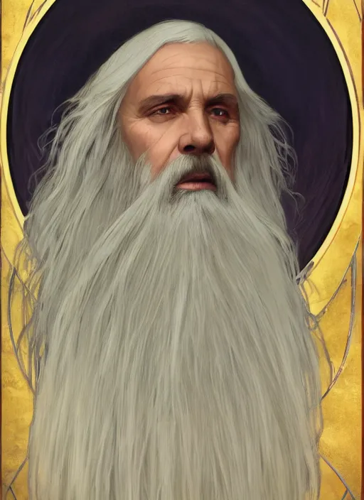 Image similar to medium - length portrait of a male wizard wreathed in arcane sigils with long white hair and glowing blue eyes, long white beard, dark brown skin, stern expression, wears a long robe, medieval setting, highly detailed, digital painting, artstation, concept art, sharp focus, illustration, art by greg rutkowski and alphonse mucha