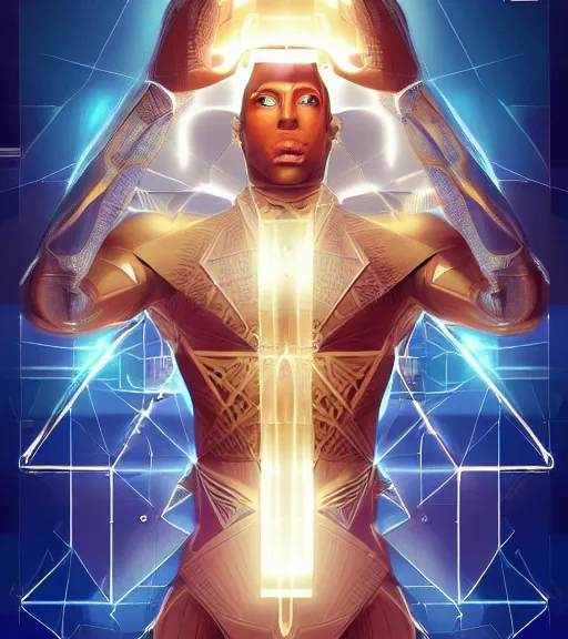 Image similar to symmetry!! egyptian prince of technology, solid cube of light, hard edges, product render retro - futuristic poster scifi, lasers and neon circuits, brown skin man egyptian prince, intricate, elegant, highly detailed, digital painting, artstation, concept art, smooth, sharp focus, illustration, dreamlike, art by artgerm