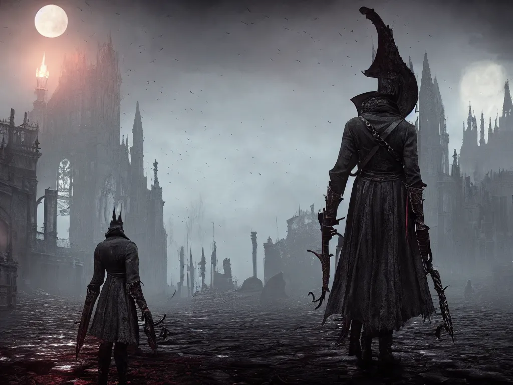 Image similar to bloodborne 2, dark, nighttime, victorian england style, horror, grotesque, serene, haunting, heavy atmosphere, claustrophobic, insanity, High Definition detail, 8K