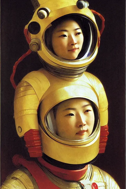 Image similar to portrait of a chinese dragon astronaut in chinese armor and helmet, by bouguereau