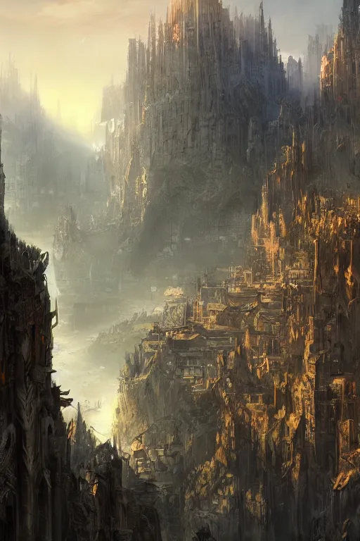 Image similar to Sharn, City of Towers, baroque fantasy metropolis of tall towers at the top of a cliff looking over a river, by Marc Simonetti, matte painting, concept art, chiaroscuro, trending on artstation, HD