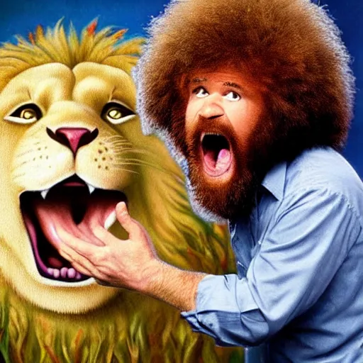 Image similar to bob ross screaming at a screaming lion screaming bob ross