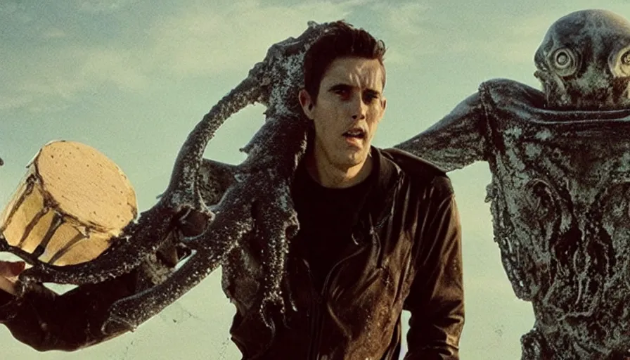 Prompt: Big budget horror movie about androids and a giant squid eating a drum of nuclear waste