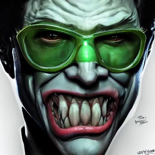 Prompt: the riddler wearing the dark knight mask, snarling teeth, digital painting, amazing detail, art station, cgsociety