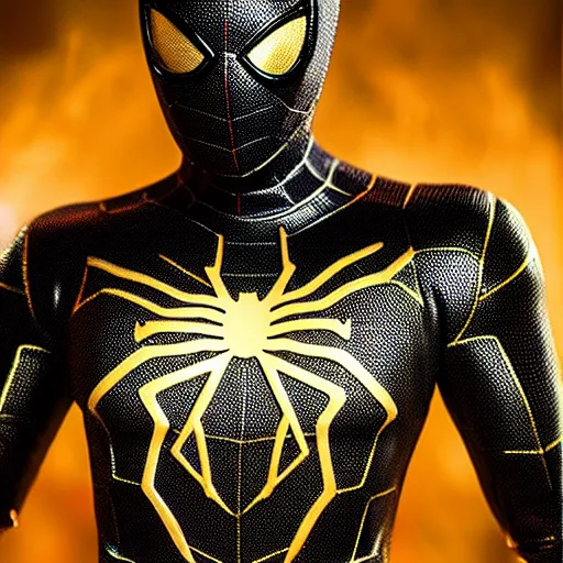 Image similar to gold spider - man suit with black web lining, cinematic, volumetric lighting, realistic, hyperdetailed, photorealistic, photograph