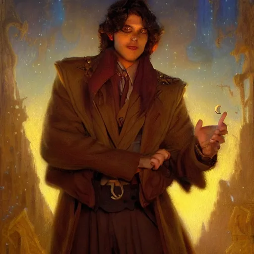 Image similar to attractive male wizard magically floating in the night, fantasy, full moon in background. highly detailed painting by gaston bussiere, craig mullins, j. c. leyendecker, mid shot, 8 k