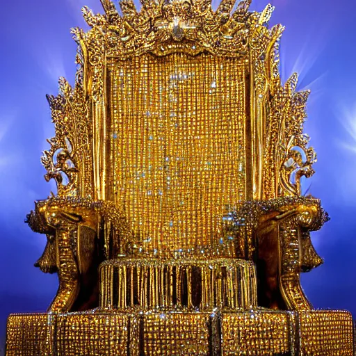 Image similar to shining majestic throne made of millions of diamonds, gold and zaphires with thousands of light reflections