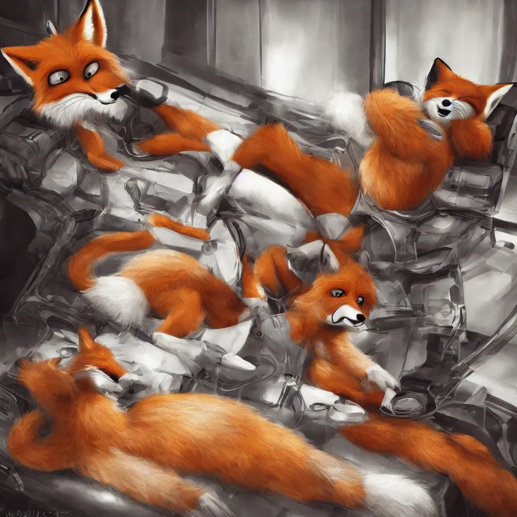 Image similar to anthropomorphic, furry, anthro, fox lounging in a futuristic hotel, film scene