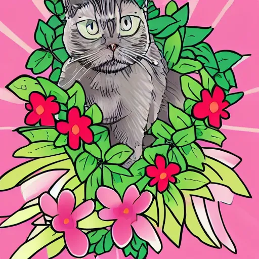 Prompt: a cat made with flowers, comic