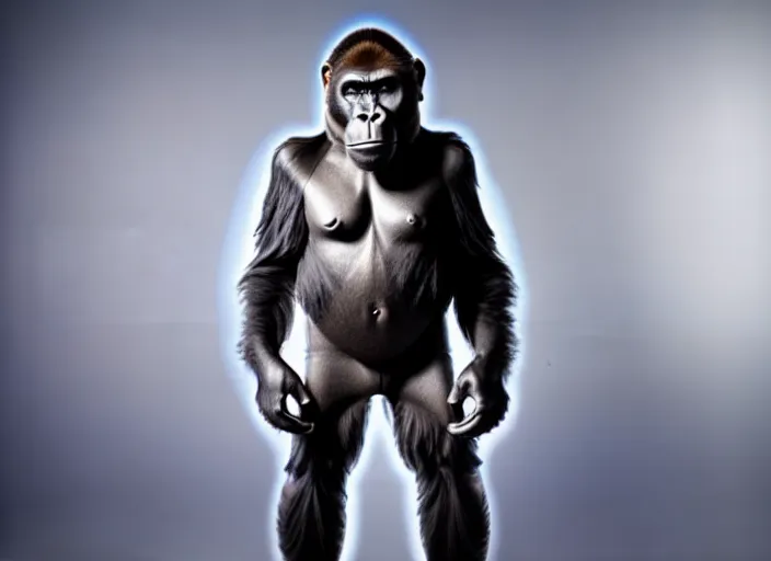 Image similar to studio photo still of a full body gorilla in a space suit, 8 k, studio lighting, key light from right side,