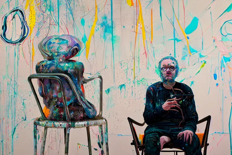 Prompt: portrait of a painter sitting in a chair contemplating, art by james jean and luc tuymans and vincent lefevre and hernan bas and pat steir and hilma af klint, psychological, dripping paint, high quality render, cg society contest winner, retrofuturism, masterpiece