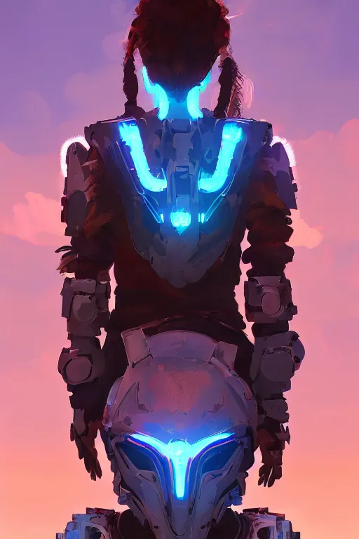 Image similar to combination suit armor aloy horizon forbidden west horizon zero dawn radiating a glowing aura global illumination ray tracing hdr fanart arstation by ian pesty and alena aenami artworks in 4 k tribal robot ninja mask helmet backpack