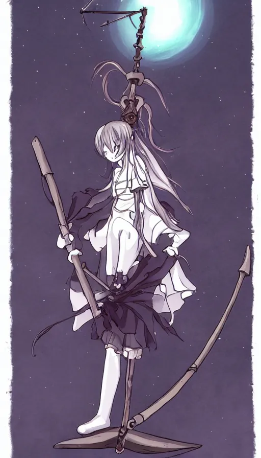 Image similar to the being death as a cute anime girl with a giant cute scythe from a studio ghibli film inspired by the death tarot card, dark ambiance