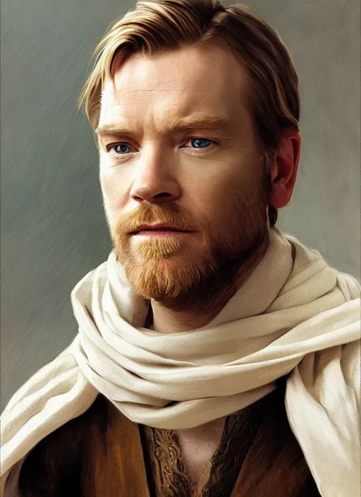 Prompt: Beautiful half body portrait of Ewan McGregor's Obi-Wan Kenobi, intricate, elegant, digital painting, ilustratiom, artwork by Vermeer and alphonse mucha