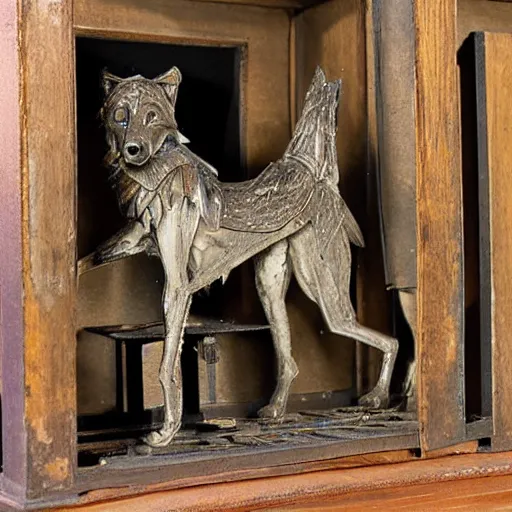 Image similar to 19th century mechanical automata depicting a wolf in a workshop