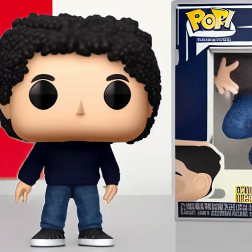 Image similar to a 21 year old skinny white guy with no beard and black hair in a navy blue sweater , jeans and grey new balance shoes funko pop close up highly detailed photo