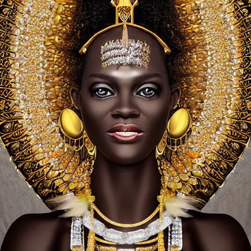 Prompt: : portrait of divine African orisha with big gold headdress covered in diamonds and jewls detailed render hyper-realistic cgsociety