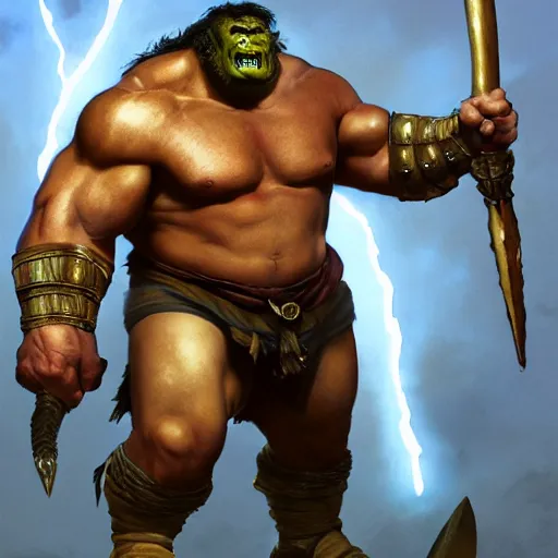 Image similar to upper body portrait of a heavily armoured hulking herculean chiseled john candy as a fantasy barbarian pirate orc ork, sunrays, cinematic lighting, photorealistic, octane render, 8 k, depth of field, 3 d, art by artgerm and greg rutkowski and alphonse mucha and uang guangjian and gil elvgren and sachin ten