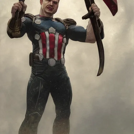 Image similar to Chris Evans wielding mjolnir, highly detailed, digital painting, artstation, concept art, smooth, sharp focus, illustration, ArtStation, art by artgerm and greg rutkowski and alphonse mucha and J. C. Leyendecker and Edmund Blair Leighton and Katsuhiro Otomo and Geof Darrow and Phil hale and Ashley wood and Ilya repin and Charlie Bowater