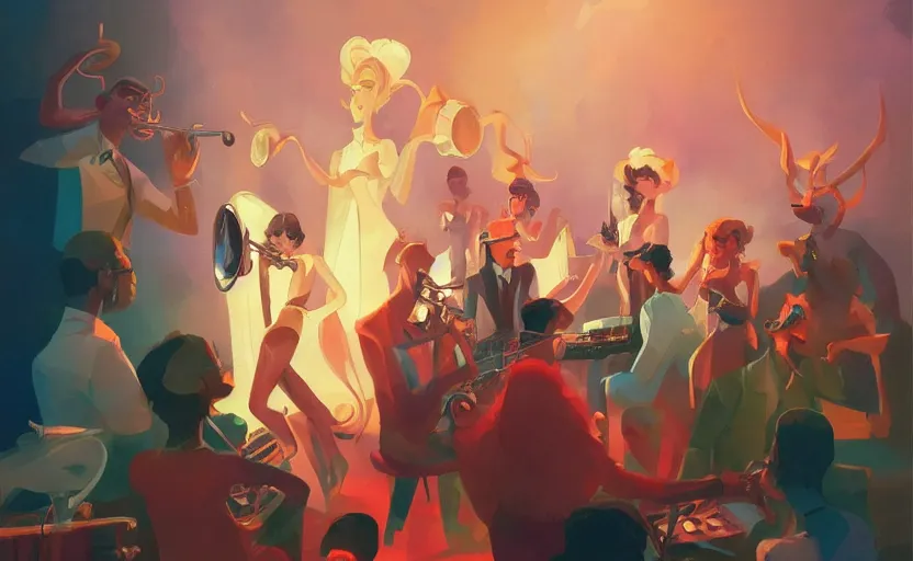 Image similar to the enchanted jazz band party with musicians and a glamorous female singer, behance hd artstation by jesper ejsing, by rhads, makoto shinkai and lois van baarle, ilya kuvshinov, ossdraws