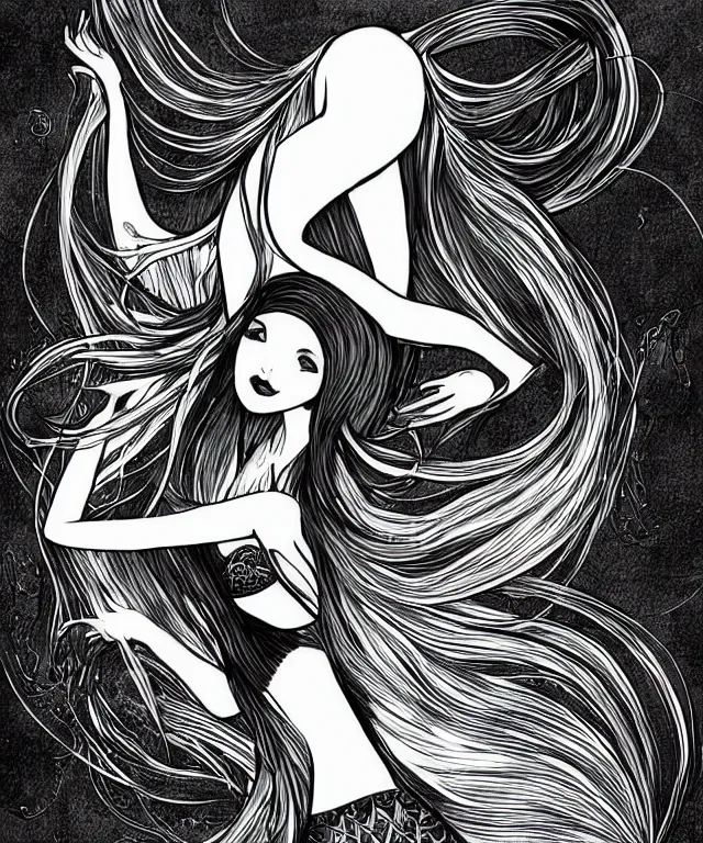 Prompt: black and white illustration, creative design, dark fantasy, concept art, beautiful mermaid, full body, swimming in ocean, fish tail bikini top flowing hair