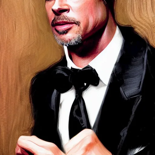 Prompt: brad pitt wearing a tuxedo, portrait, highly detailed, digital painting, artstation, concept art, sharp focus, illustration, art by artgerm and greg rutkowski and alphonse mucha