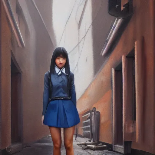 Prompt: a perfect, realistic professional oil painting in Dali style, of a Japanese schoolgirl posing in a dystopian alleyway, close-up, by a professional American senior artist on ArtStation, a high-quality hollywood-style concept