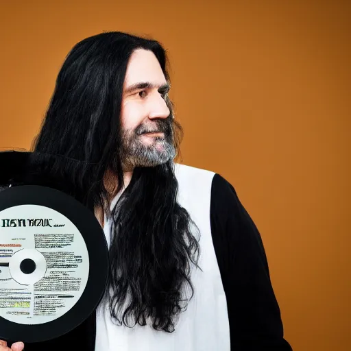 Prompt: middle aged man with long black hair holding a cd