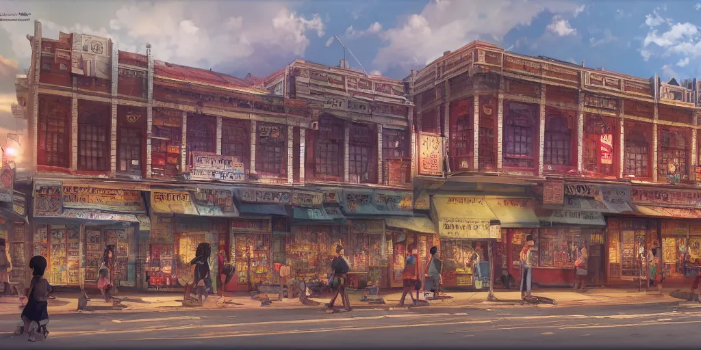 Image similar to little india sundry shop, old cinema, post office, evening, highly detailed matte painting, studio ghibli, artstation