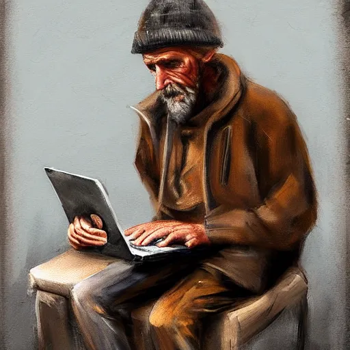 Prompt: homeless man using a laptop, expressive oil painting, matter art, digital art, treding on artstation