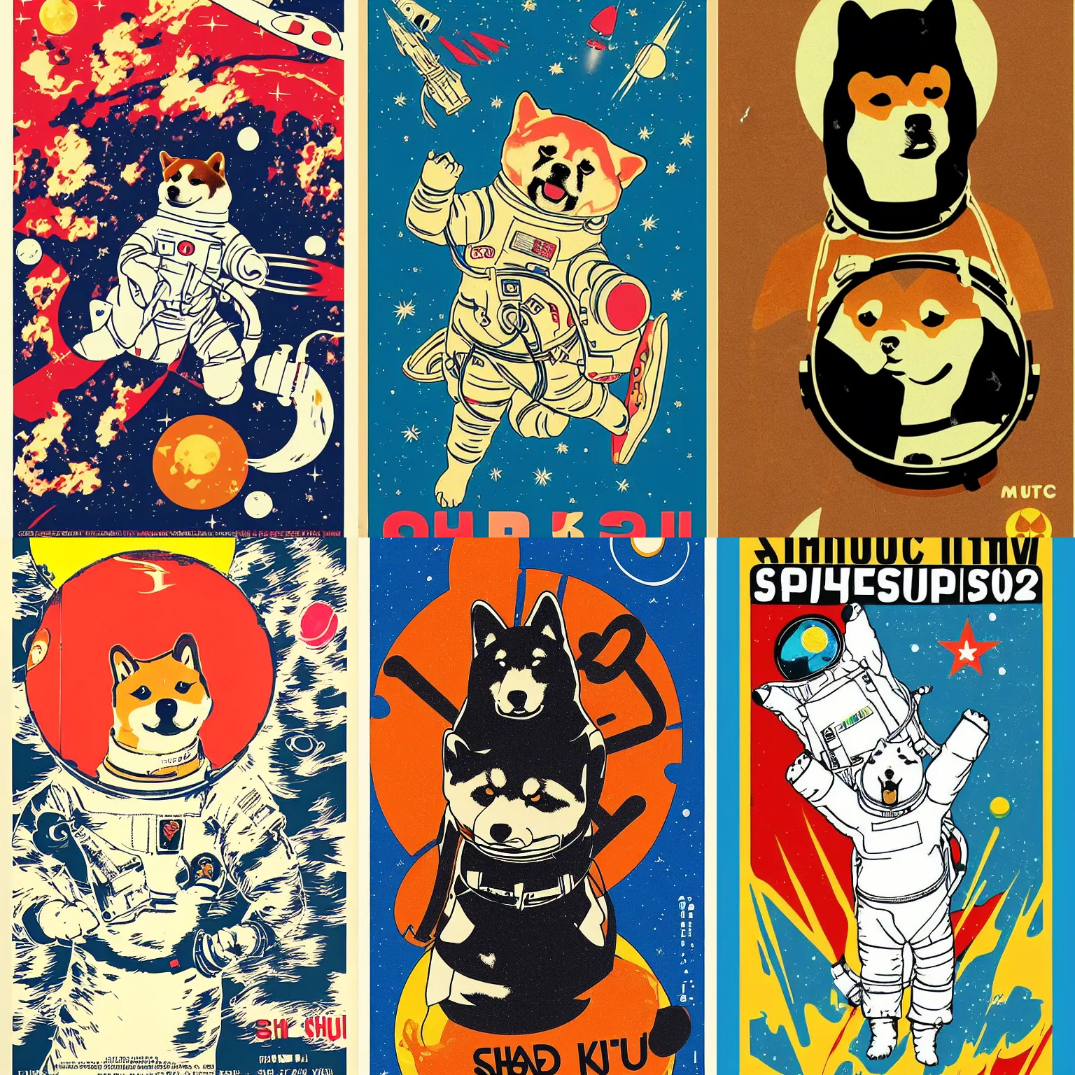 Prompt: Shiba Inu cosmonaut, 60s poster, in the style of a music poster 1968