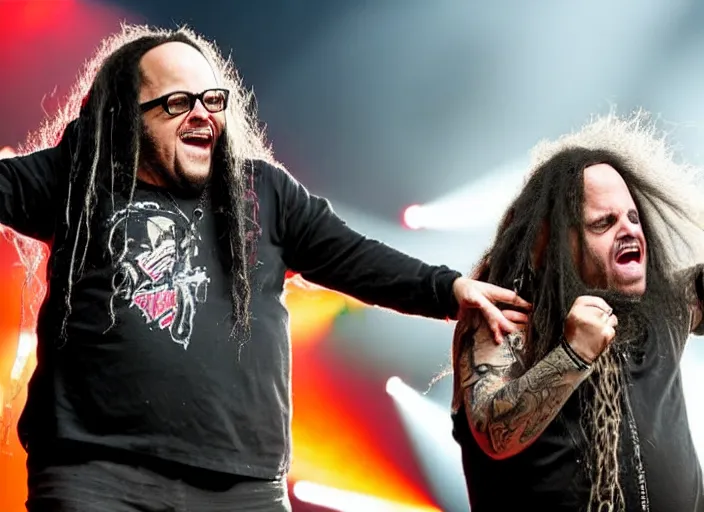 Image similar to publicity photo still of danny devito touring with korn live on stage, 8 k, live concert lighting, mid shot