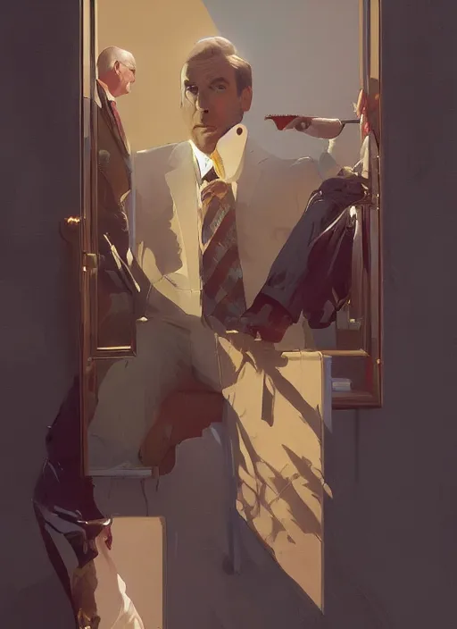 Image similar to portrait of saul goodman, portrait of saul goodman, lawyer clothing, painting by sargent and leyendecker, asymmetrical, intricate, elegant, matte painting, illustration,, by rhads, by greg rutkowski, by greg tocchini, by james gilleard, by joe fenton